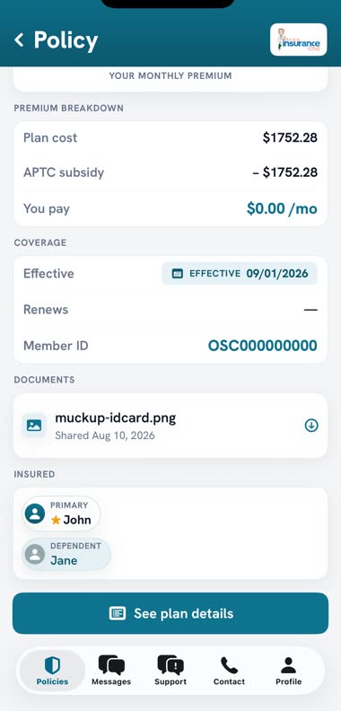 One policy, showing the premium breakdown and the member ID