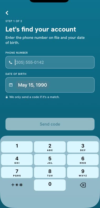 The sign-in screen asking for a phone number and date of birth