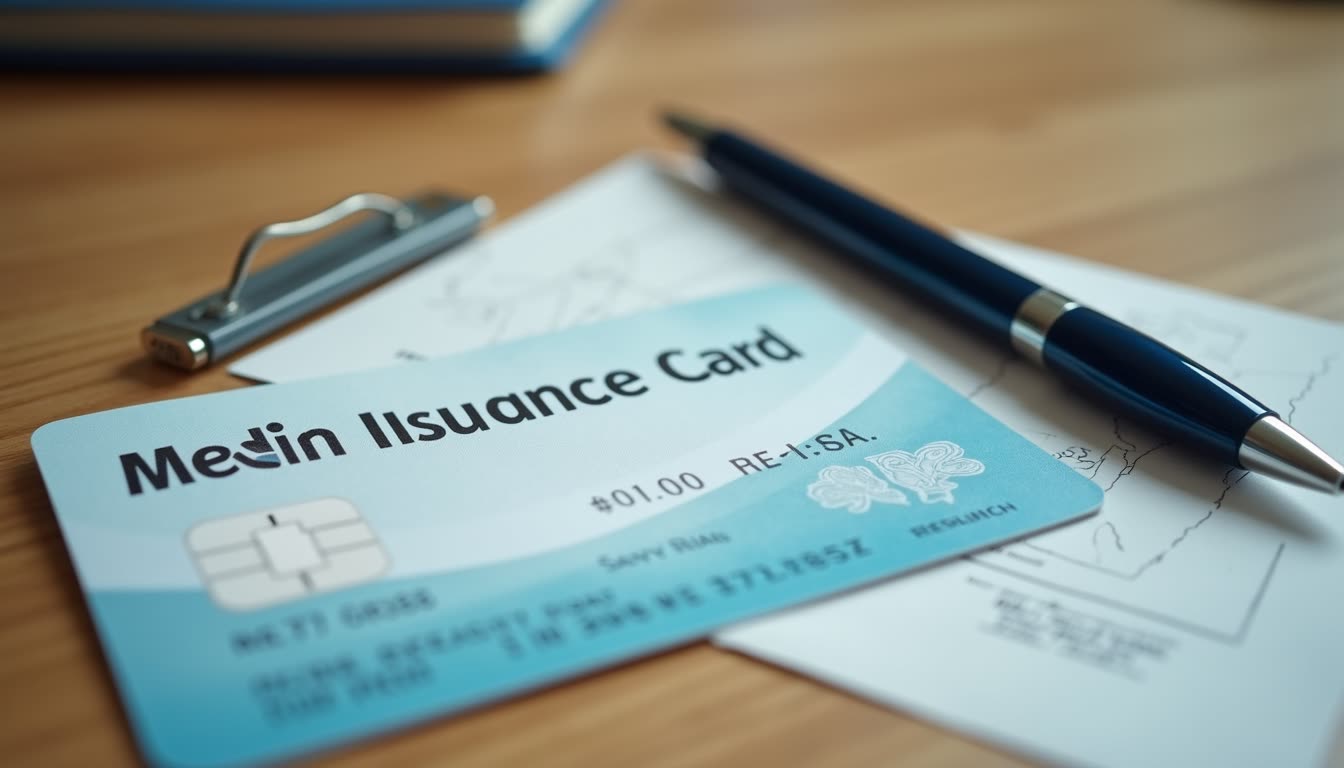 Close-up view of a medical insurance card and a pen on a wooden table
