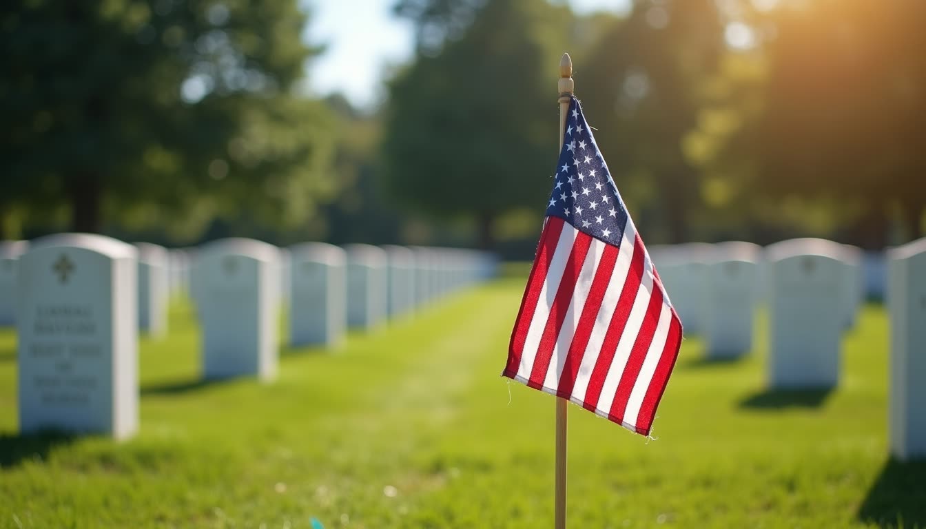 Eye-level view of a waving American flag at a military cemetery with rows of white headstones