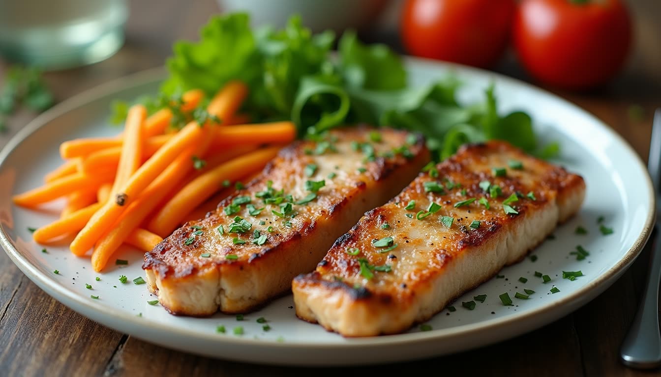Eye-level view of a colorful plate filled with fresh vegetables and lean proteins