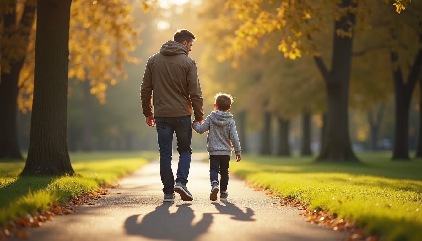 Eye-level view of a father and child walking in a park on a sunny day