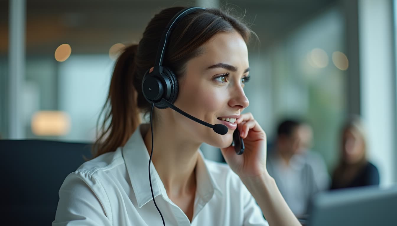 Eye-level view of a customer service agent attentively listening during a phone call